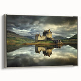 Framed canvas artwork showcasing a majestic castle landscape, elegantly bordered with a silver frame, perfect for home decor enthusiasts seeking refined elegance.
