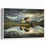 Framed canvas artwork depicting a scenic landscape with a majestic castle, presented in a white frame for an elegant touch, perfect for home decor.
