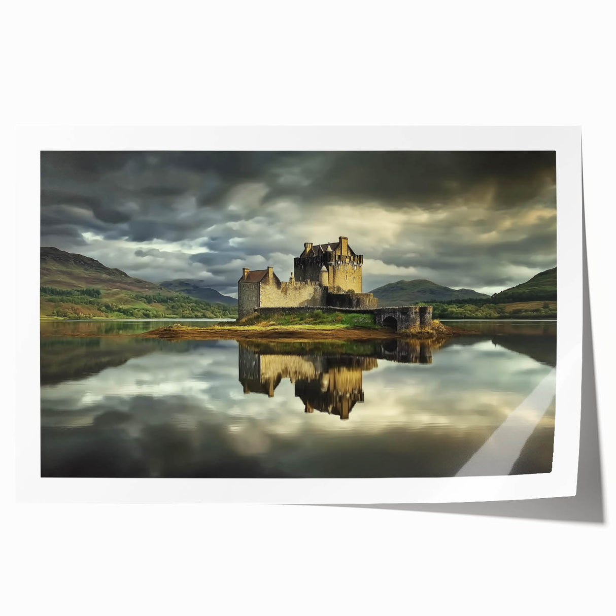 Landscape artwork featuring a scenic castle surrounded by lush greenery, printed on high-quality rolled canvas, ideal for home decor or gallery display.