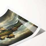 Rolled canvas print showcasing a stunning landscape with an ancient castle surrounded by lush greenery, elegantly packaged in a protective cardboard tube for safe shipping. Perfect for home decor enthusiasts seeking unique artwork.