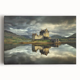 Stretched canvas artwork depicting a picturesque landscape with a majestic castle, surrounded by lush greenery and a vibrant blue sky, perfect for home decor.