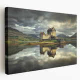 Stretched canvas artwork showcasing a picturesque landscape with a majestic castle, surrounded by lush greenery and blue skies, perfect for home decor.
