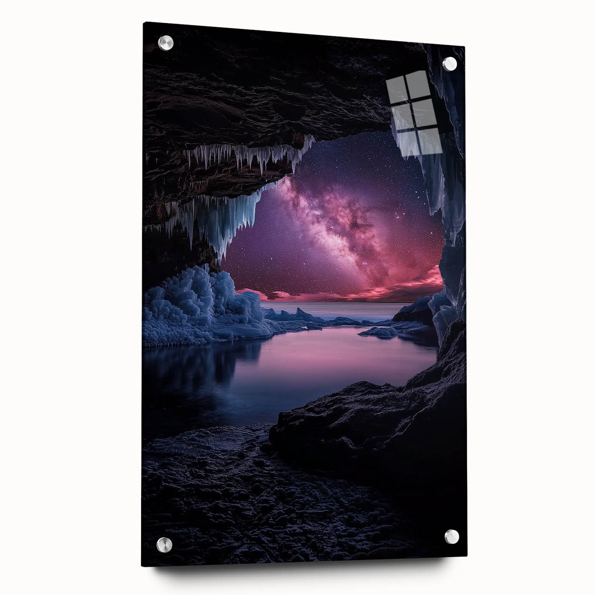 Acrylic glass artwork showcasing a vibrant landscape with intricate cave details, displayed from the side with visible pins, ideal for modern home decor.
