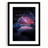 Black-framed landscape art print showcasing a cave scene with vibrant colors and intricate details, perfect for home decor or office spaces.