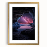 Elegant gold-framed landscape artwork featuring intricate cave imagery, set against a soft mat background, perfect for enhancing home decor with a touch of sophistication.
