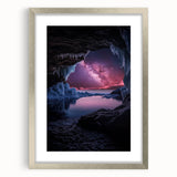 Framed landscape artwork depicting a serene cave scene, featuring a silver mat and sleek design, perfect for enhancing modern home decor.