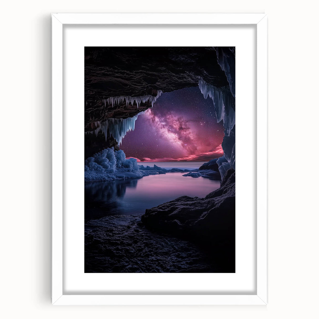 Framed landscape artwork depicting a serene cave scene, featuring earthy tones and intricate details, presented with a white mat for an elegant finish. Ideal for enhancing home decor with natural beauty.
