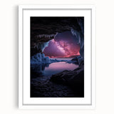 Framed landscape artwork depicting a serene cave scene, featuring earthy tones and intricate details, presented with a white mat for an elegant finish. Ideal for enhancing home decor with natural beauty.