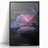 Framed acrylic artwork showcasing a dramatic cave landscape with vivid colors, set in a sleek black frame, ideal for modern home decor.