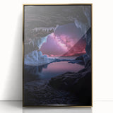 Framed acrylic artwork depicting a stunning landscape with cave formations, enhanced by a gold frame, ideal for home decor and modern art enthusiasts.
