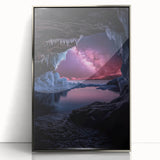 Framed acrylic artwork showcasing a stunning landscape with cave formations, featuring silver accents that enhance its modern aesthetic, perfect for home decor.