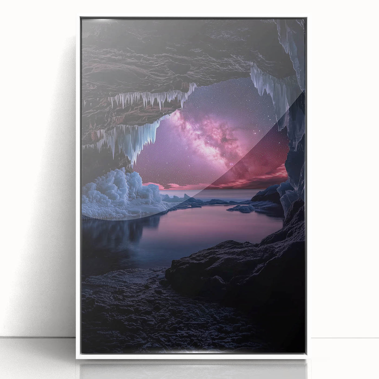 Framed acrylic artwork showcasing a vibrant landscape with caves, featuring a white frame and front view display, ideal for modern home decor.