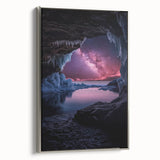 Framed canvas artwork showcasing a stunning landscape scene with caves, featuring a sleek silver frame. The piece adds a modern touch to home decor, perfect for nature enthusiasts.