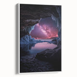 Framed canvas artwork depicting a serene landscape with a cave, featuring earthy tones and a sleek white frame, ideal for enhancing modern home decor.