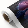 Rolled canvas depicting a serene landscape with caves, showcasing vibrant colors and intricate details, securely packaged in a protective cardboard tube.
