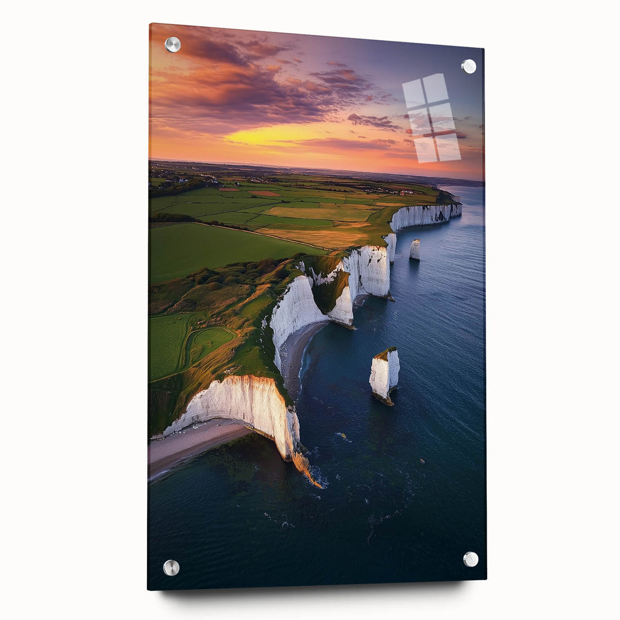 Side view of a vibrant acrylic landscape artwork depicting dramatic cliffs, featuring a glossy finish and secured with decorative pins for display. Perfect for enhancing modern interiors.