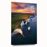 Acrylic landscape artwork showcasing dramatic cliffs with vibrant colors, presented in a sleek glass frame, ideal for modern home decor. Perfect for enhancing living spaces.