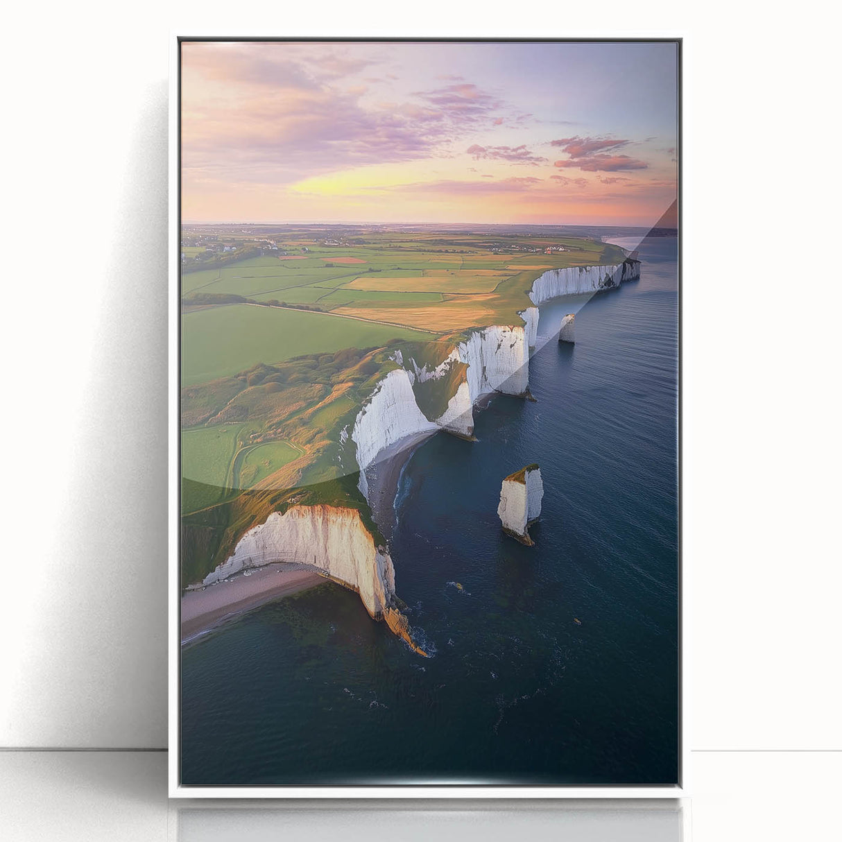 Framed acrylic artwork showcasing a breathtaking cliff landscape in vibrant colors, presented in a sleek white frame, ideal for enhancing modern home decor.