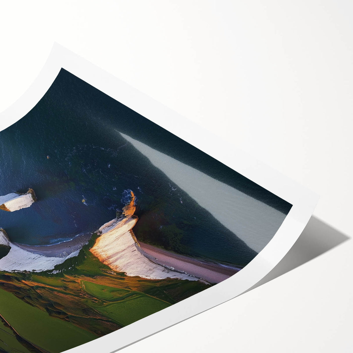 Vibrant rolled print showcasing a stunning coastal cliff landscape with rich colors and intricate details, packaged securely in a durable cardboard tube for safe delivery.