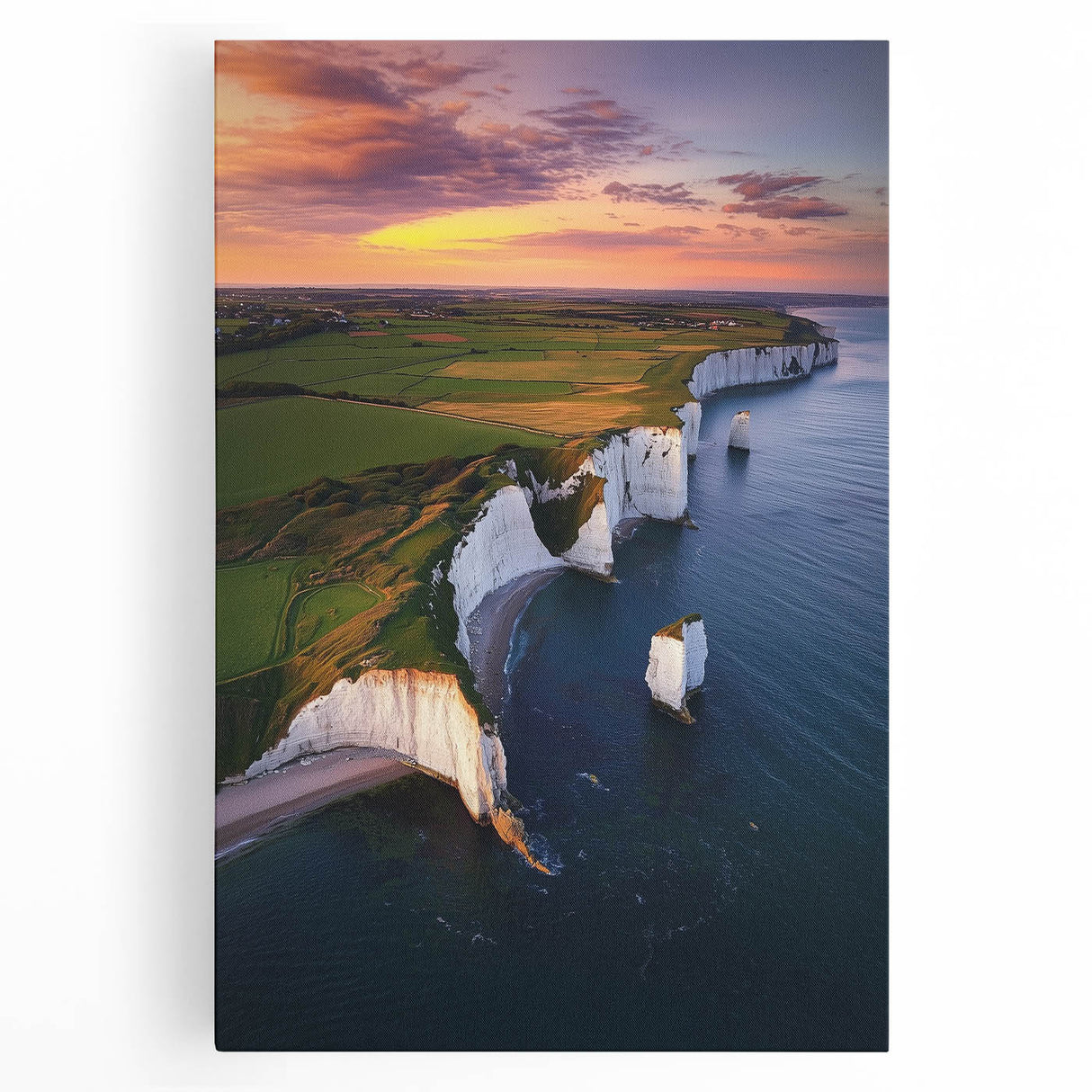 Vibrant landscape canvas print showcasing dramatic cliffs against a colorful sky, highlighting rich hues of orange and blue, ideal for home decor enhancement.
