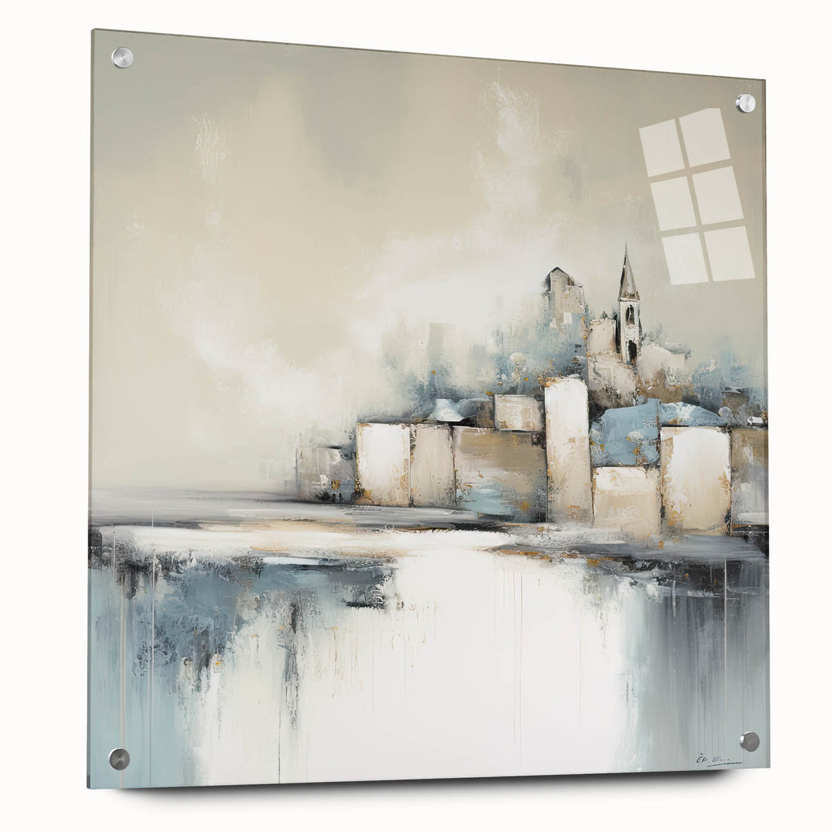 Abstract architectural wall art displayed in a side view, showcasing a modern acrylic glass design with unique pin accents, perfect for contemporary decor.
