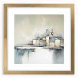 Abstract architecture wall art framed with a gold mat, showcasing geometric shapes and soft colors. Ideal for modern home decor, enhancing aesthetic appeal.