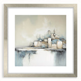 Abstract architectural wall art framed with a silver mat, showcasing geometric shapes and muted colors, ideal for modern home decor and interior design enhancement.