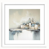 Abstract architectural wall art framed with a white mat, showcasing intricate geometric patterns in soft pastel colors, perfect for modern home decor.