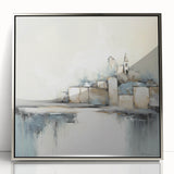 Framed acrylic wall art showcasing a modern abstract architectural design in silver tones, ideal for contemporary home decor. Perfect for enhancing living spaces.