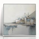 Abstract architectural wall art featuring a modern design with geometric shapes in white and gray tones, framed in sleek acrylic for an elegant display. Ideal for contemporary home decor or office settings, enhancing aesthetic appeal with its minimalist style.