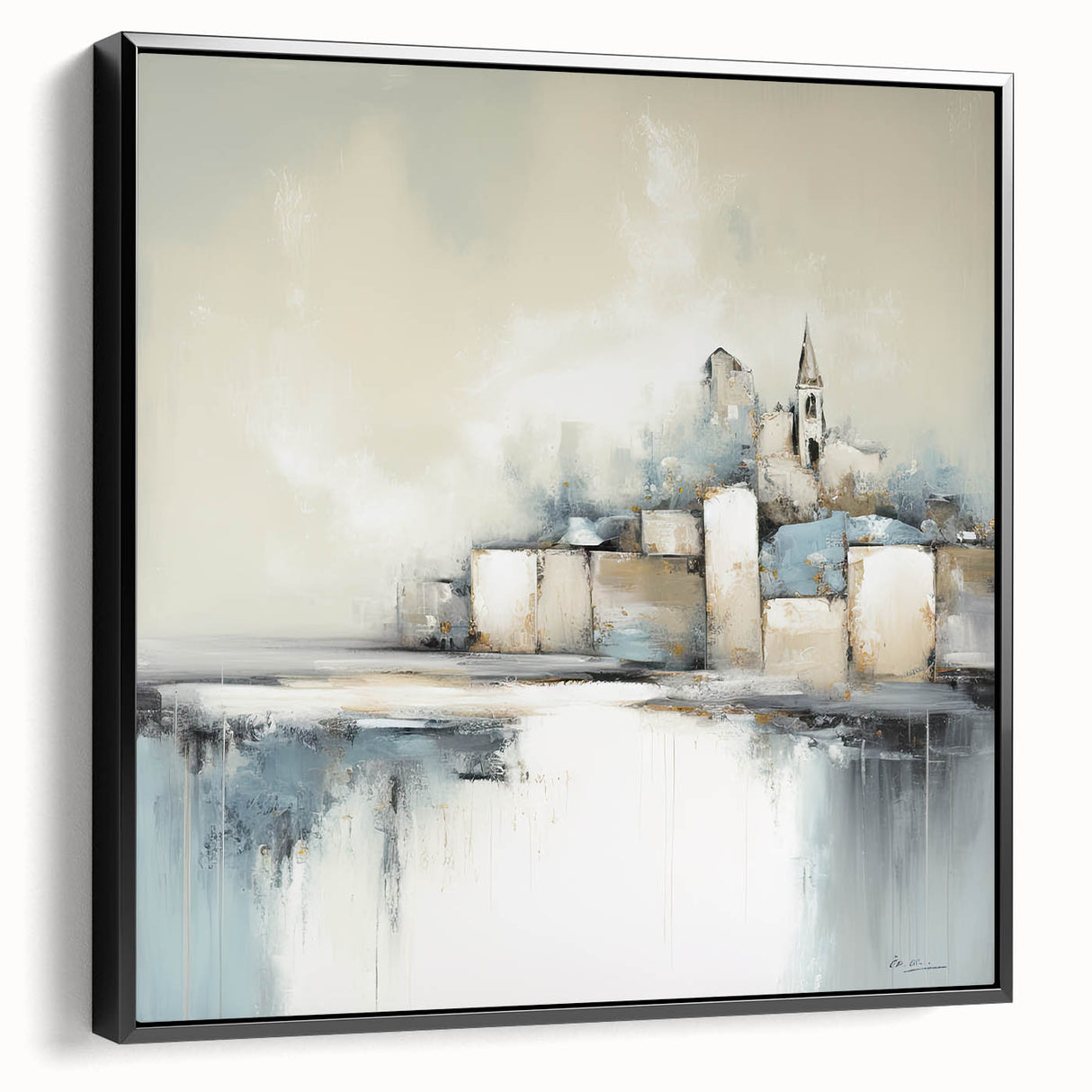 Framed abstract architecture wall art in black, showcasing geometric shapes and lines, perfect for modern home decor. Side view highlights the sleek design and canvas texture.