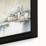 Abstract architectural wall art featuring intricate geometric patterns in a vibrant color palette, presented in a stylish black frame, perfect for modern decor.