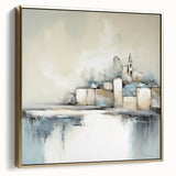 Framed abstract architecture wall art featuring a blend of silver and gold tones, showcasing geometric shapes and modern design elements, ideal for contemporary decor.