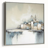 Framed abstract architecture wall art with a silver frame, showcasing geometric shapes and cool tones, ideal for modern home decor. Perfect for enhancing contemporary interiors.