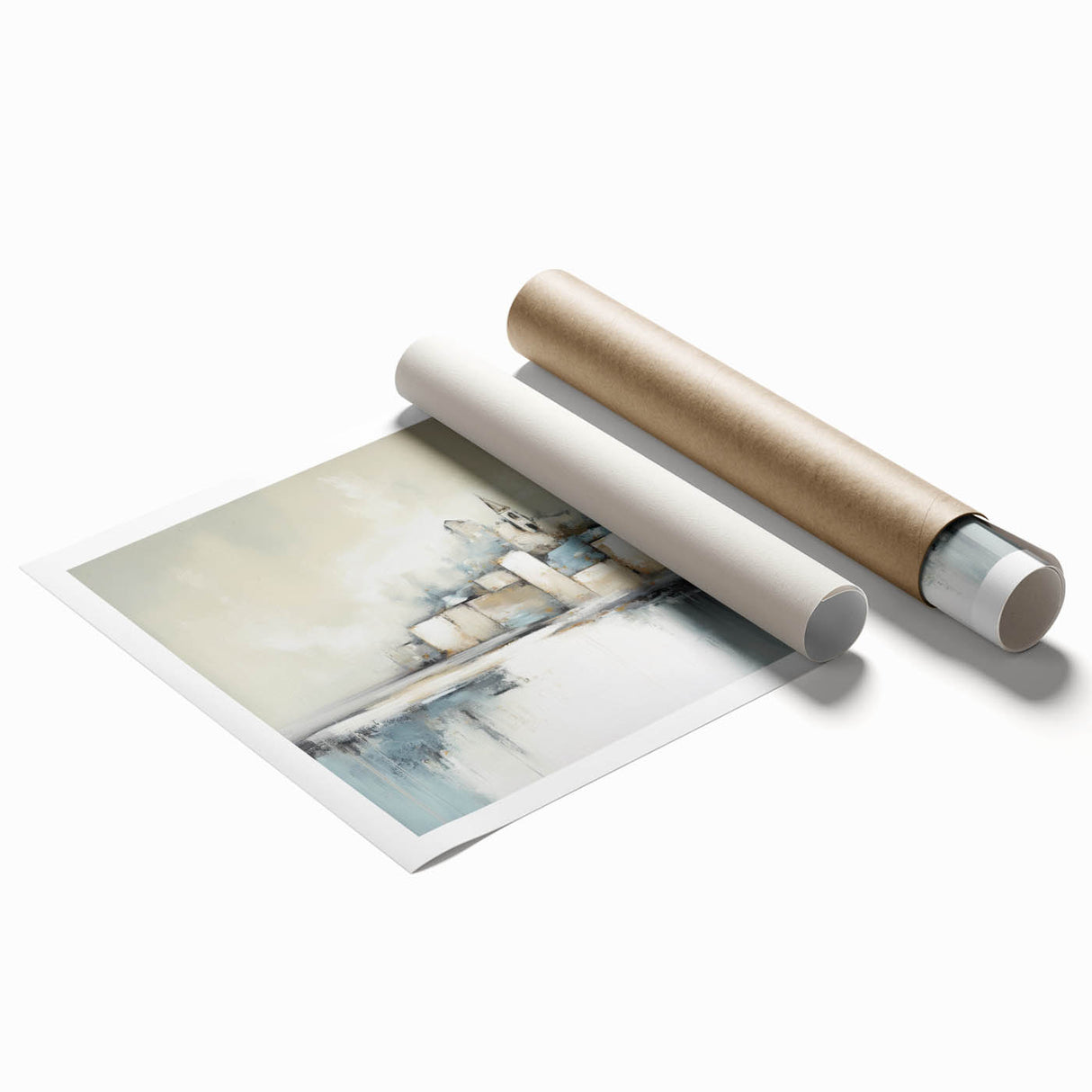 Abstract architectural wall art print featuring bold geometric shapes and vibrant colors, rolled and ready for display in a modern interior setting.