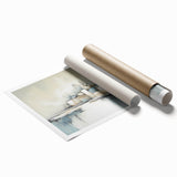 Abstract architectural wall art print featuring bold geometric shapes and vibrant colors, rolled and ready for display in a modern interior setting.