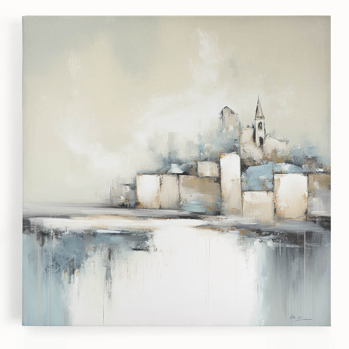 Abstract architectural wall art on stretched canvas showcasing bold geometric shapes and vibrant colors, ideal for modern home decor or office spaces.