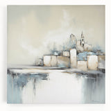 Abstract architectural wall art on stretched canvas showcasing bold geometric shapes and vibrant colors, ideal for modern home decor or office spaces.