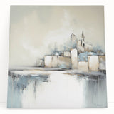 Abstract architectural wall art on a stretched canvas, showcasing bold geometric shapes in muted tones, leaning against a minimalist backdrop, perfect for modern decor.