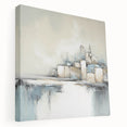 Abstract architecture wall art featuring geometric shapes and vibrant colors, displayed on stretched canvas with a side view showcasing its depth and texture. Ideal for modern interior decor.