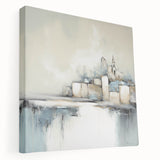 Abstract architecture wall art featuring geometric shapes and vibrant colors, displayed on stretched canvas with a side view showcasing its depth and texture. Ideal for modern interior decor.