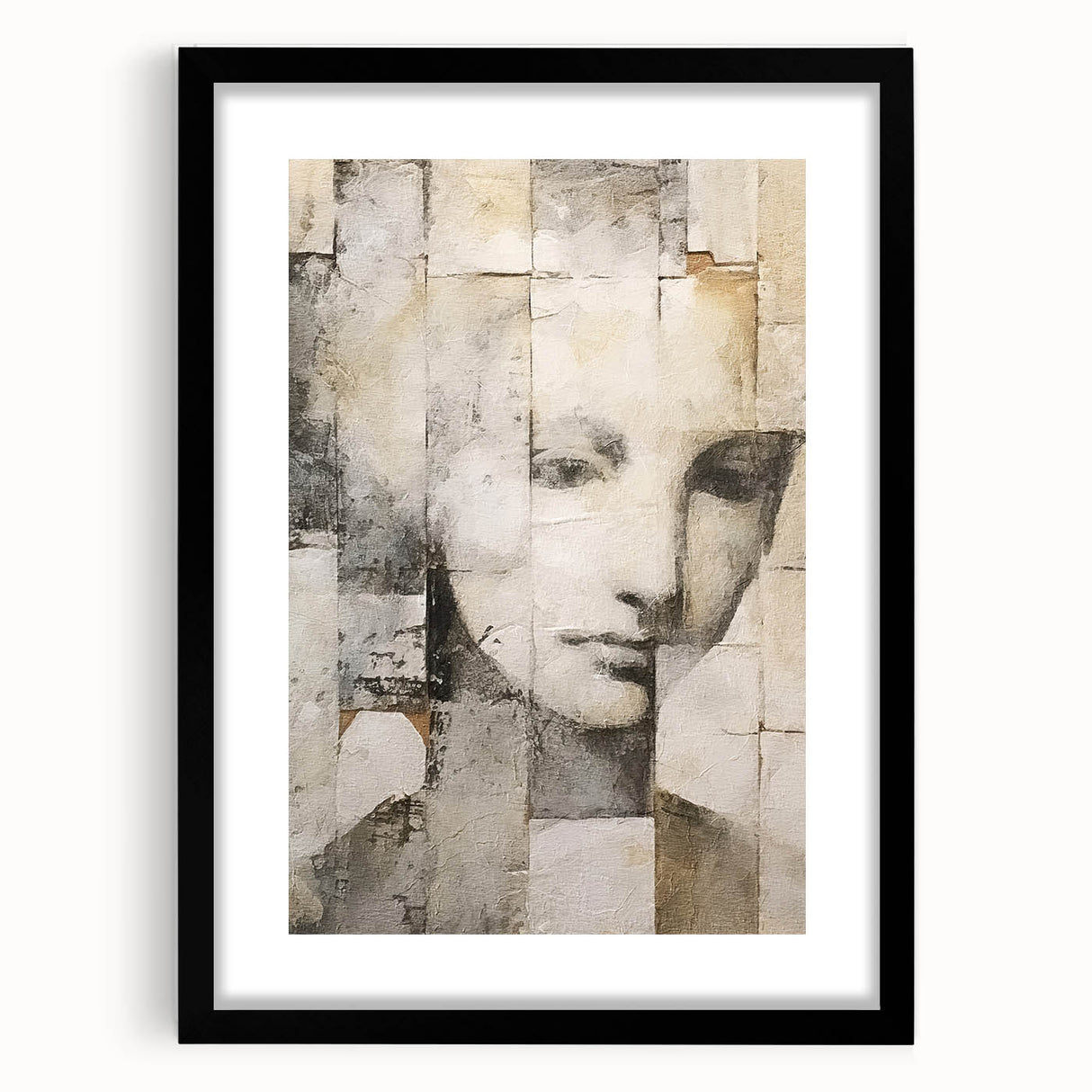 Abstract figurative wall art framed in black, featuring a minimalist design with soft colors, enhancing modern decor. Perfect for contemporary living spaces.