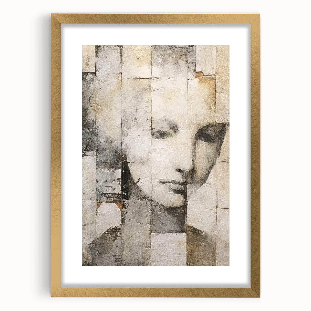 Abstract figurative wall art in a sleek gold frame with matting, showcasing a modern design that enhances contemporary decor, perfect for living spaces.