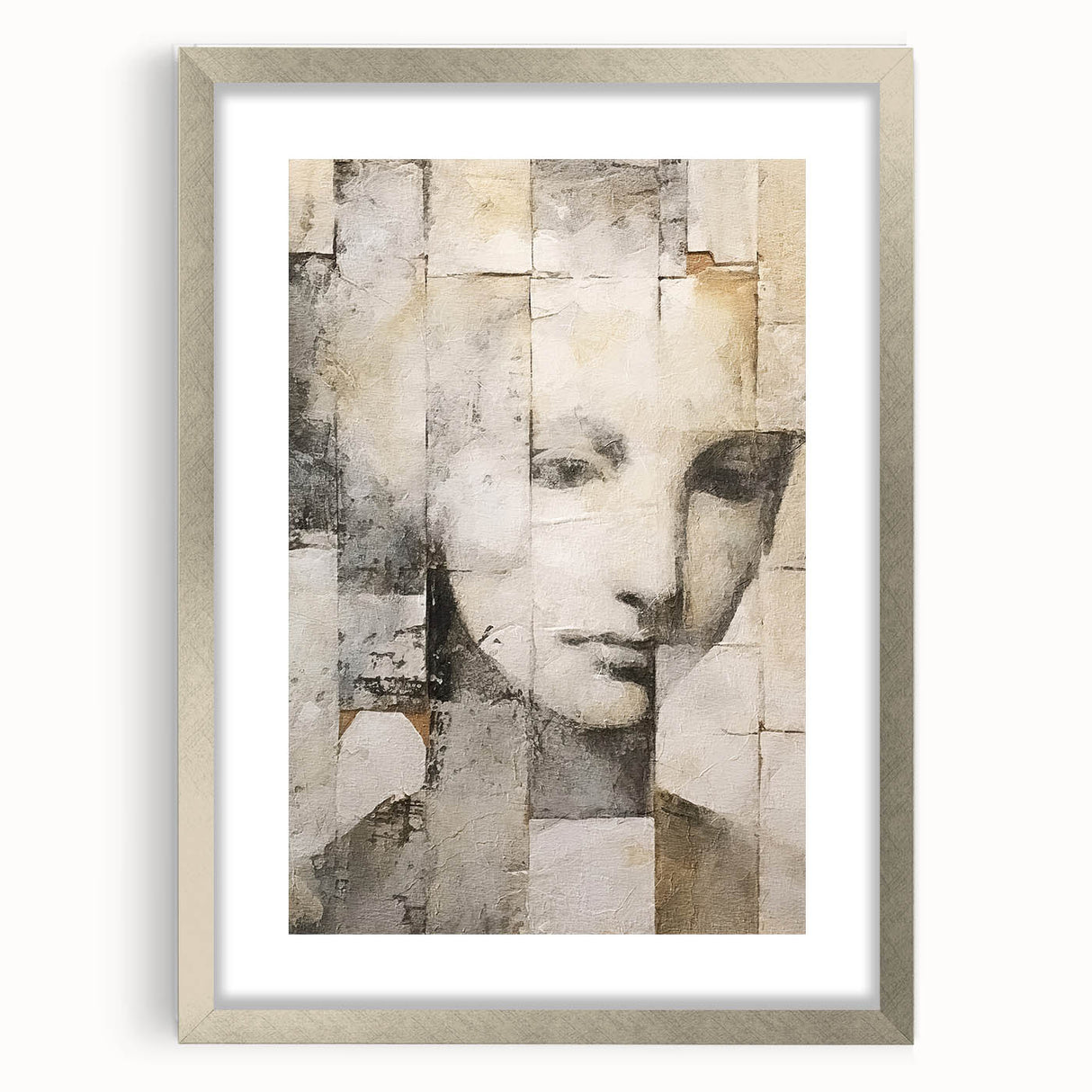 Abstract figurative wall art framed in silver, featuring a blend of soft colors and geometric shapes, ideal for modern home decor and artistic expression.
