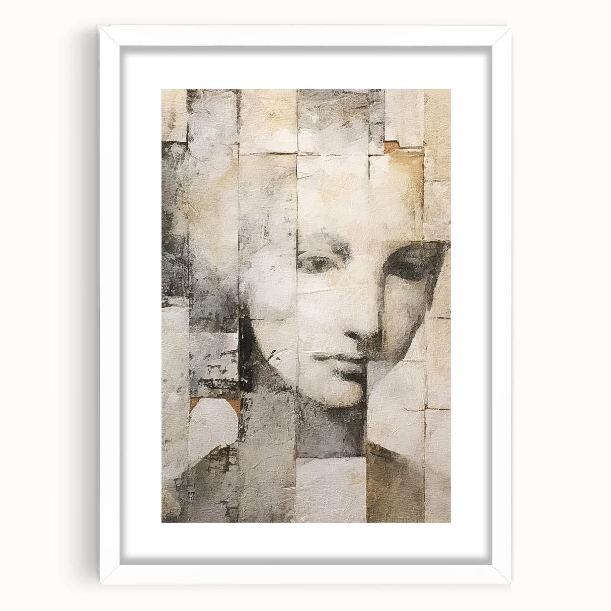 Abstract figurative wall art framed with a white mat, showcasing vibrant colors and dynamic shapes, perfect for modern home decor. Ideal for adding a contemporary touch to any room.