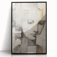 Framed abstract figurative wall art featuring bold colors and dynamic shapes, set in a sleek black frame, ideal for modern interior decor.