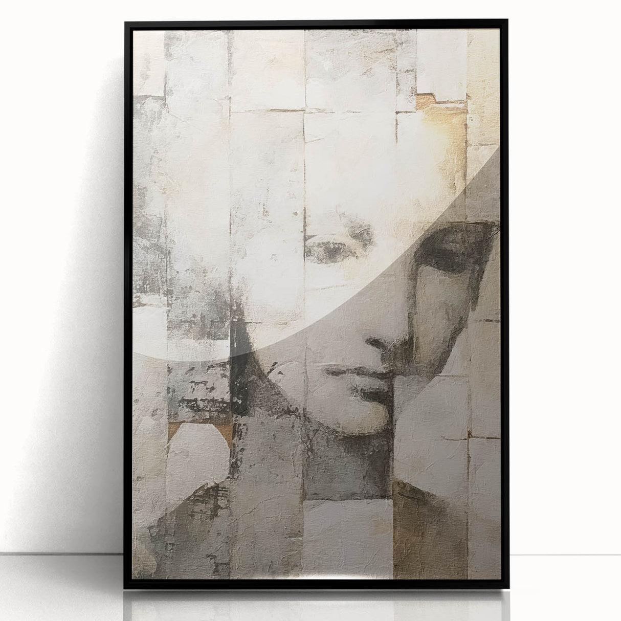 Framed abstract figurative wall art featuring bold colors and dynamic shapes, set in a sleek black frame, ideal for modern interior decor.