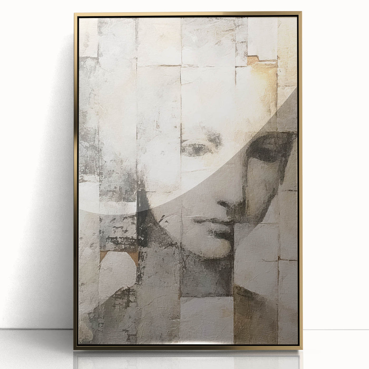 Abstract figurative wall art in a gold frame, showcasing dynamic shapes and warm colors, perfect for modern home decor. Ideal for adding a contemporary touch to any living space.