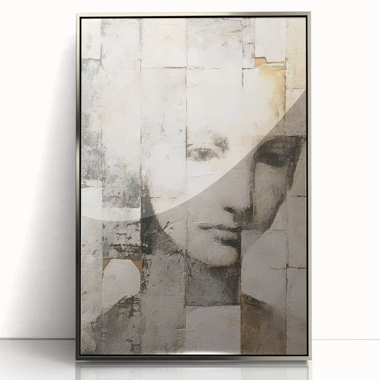 Framed abstract figurative wall art with a silver acrylic front, showcasing vibrant colors and dynamic shapes, perfect for modern home decor accents.