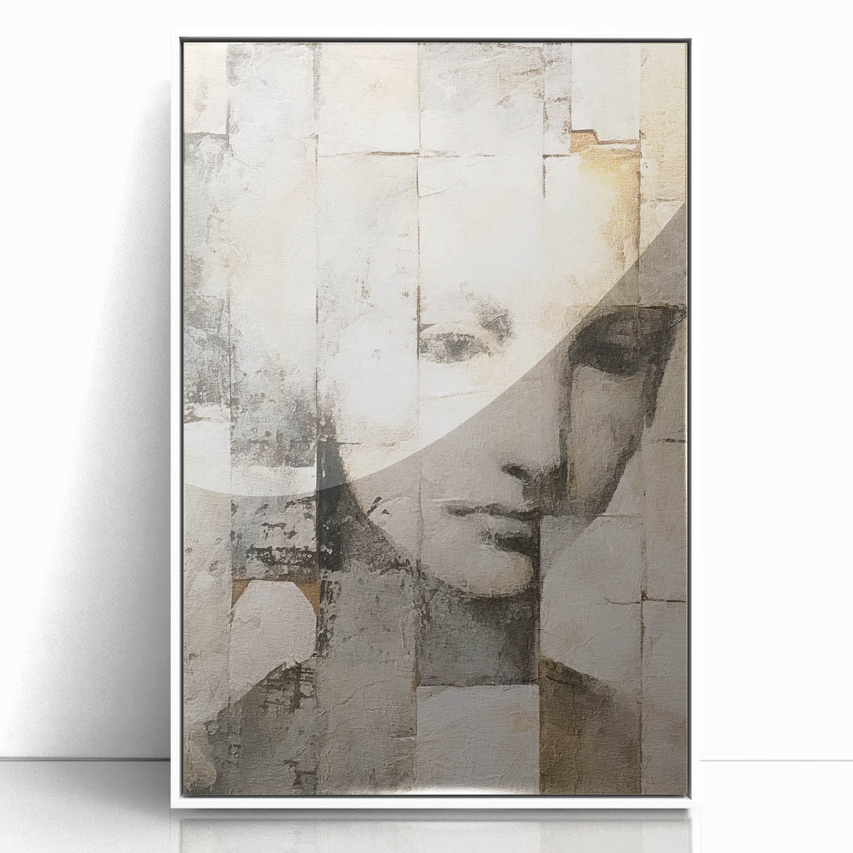 Framed abstract figurative wall art featuring vibrant colors and intricate designs, displayed in a sleek white frame, perfect for modern home decor.